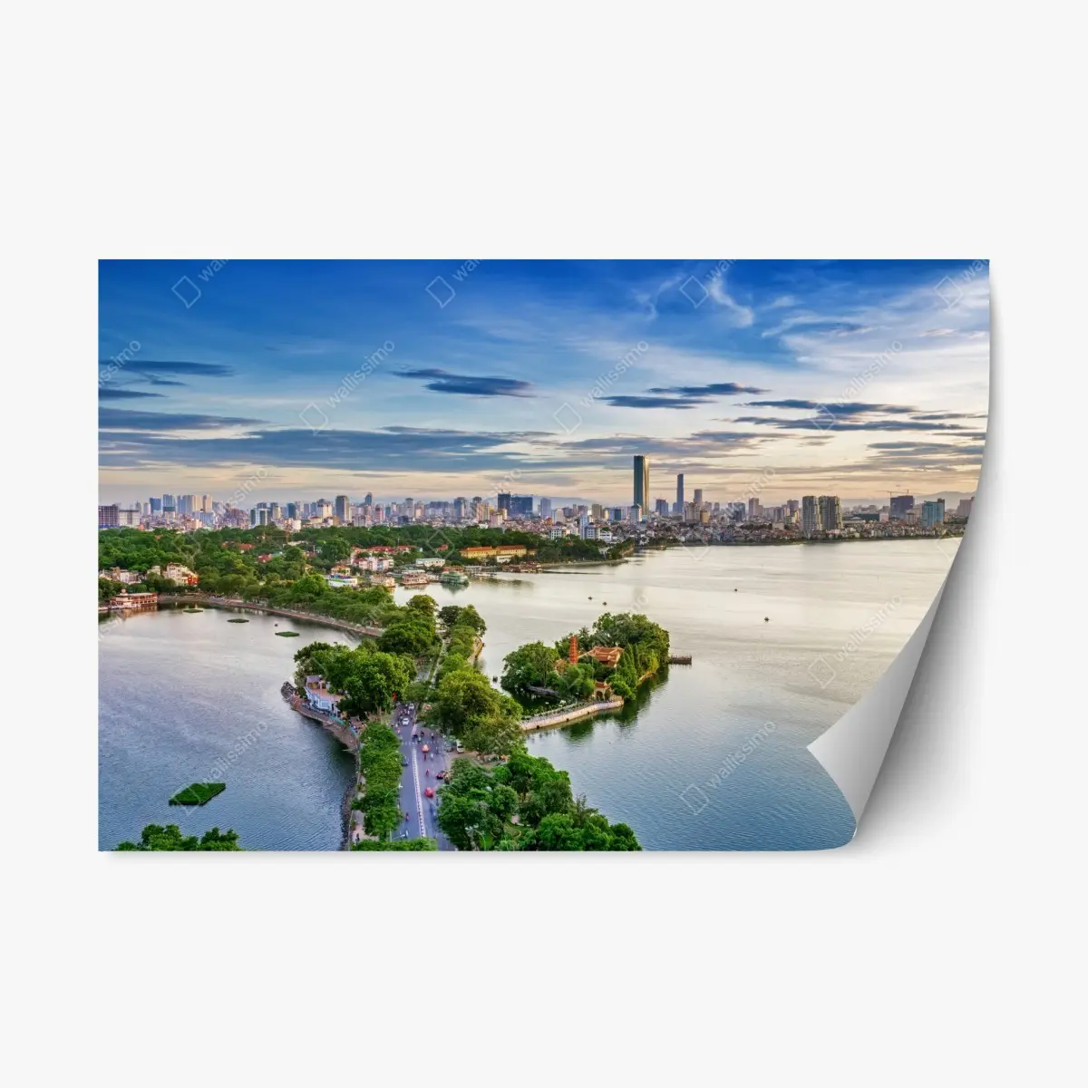 Repositionable sticker tranquil lakeside cityscape at dusk • Wallissimo® Repositionable sticker tranquil lakeside cityscape at dusk • Wallissimo®
