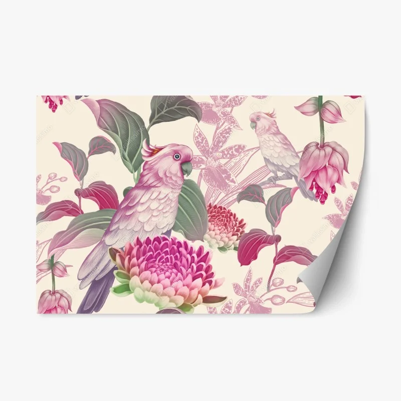 Repositionable sticker pink parrot and chrysanthemum botanical print