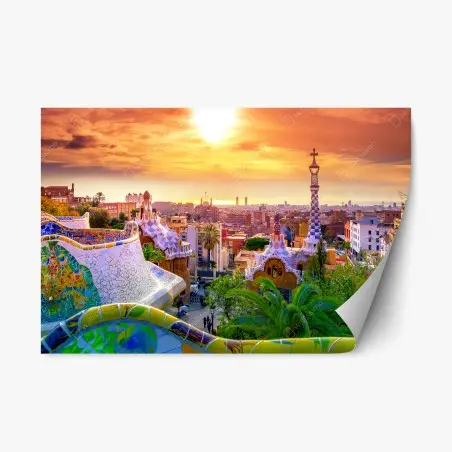 Repositionable sticker sunset over Park Güell, Barcelona • Wallissimo®