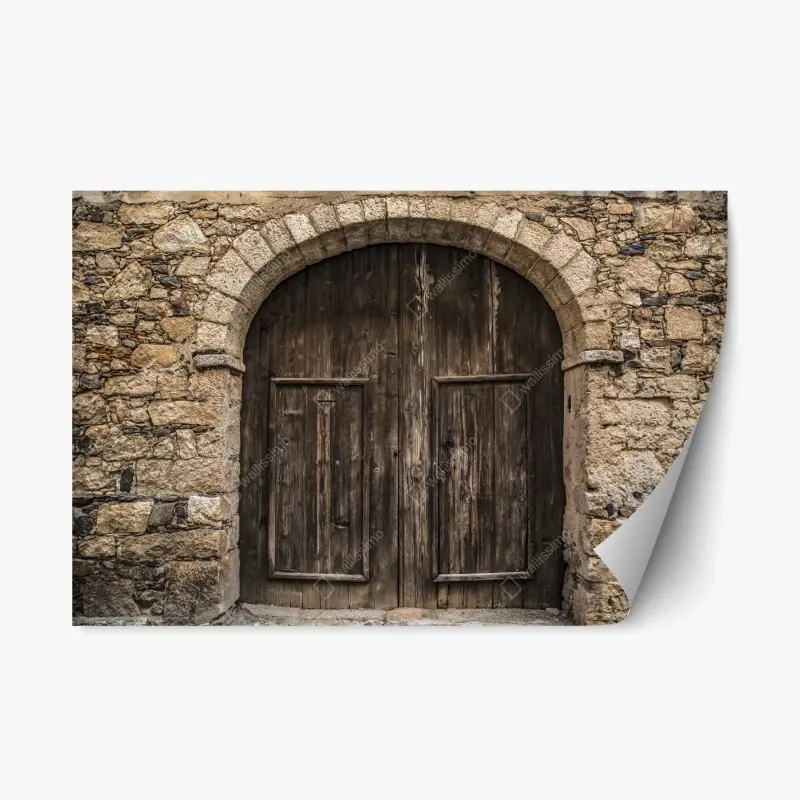 Repositionable sticker rustic wooden door with stone arch
