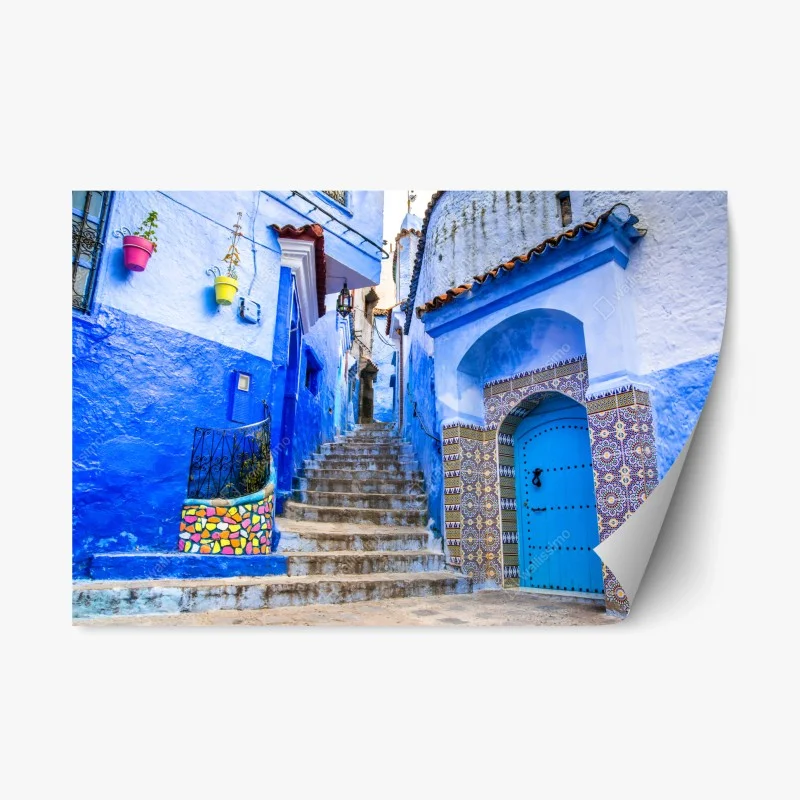 Repositionable sticker charming blue alleyway in Chefchaouen, Morocco