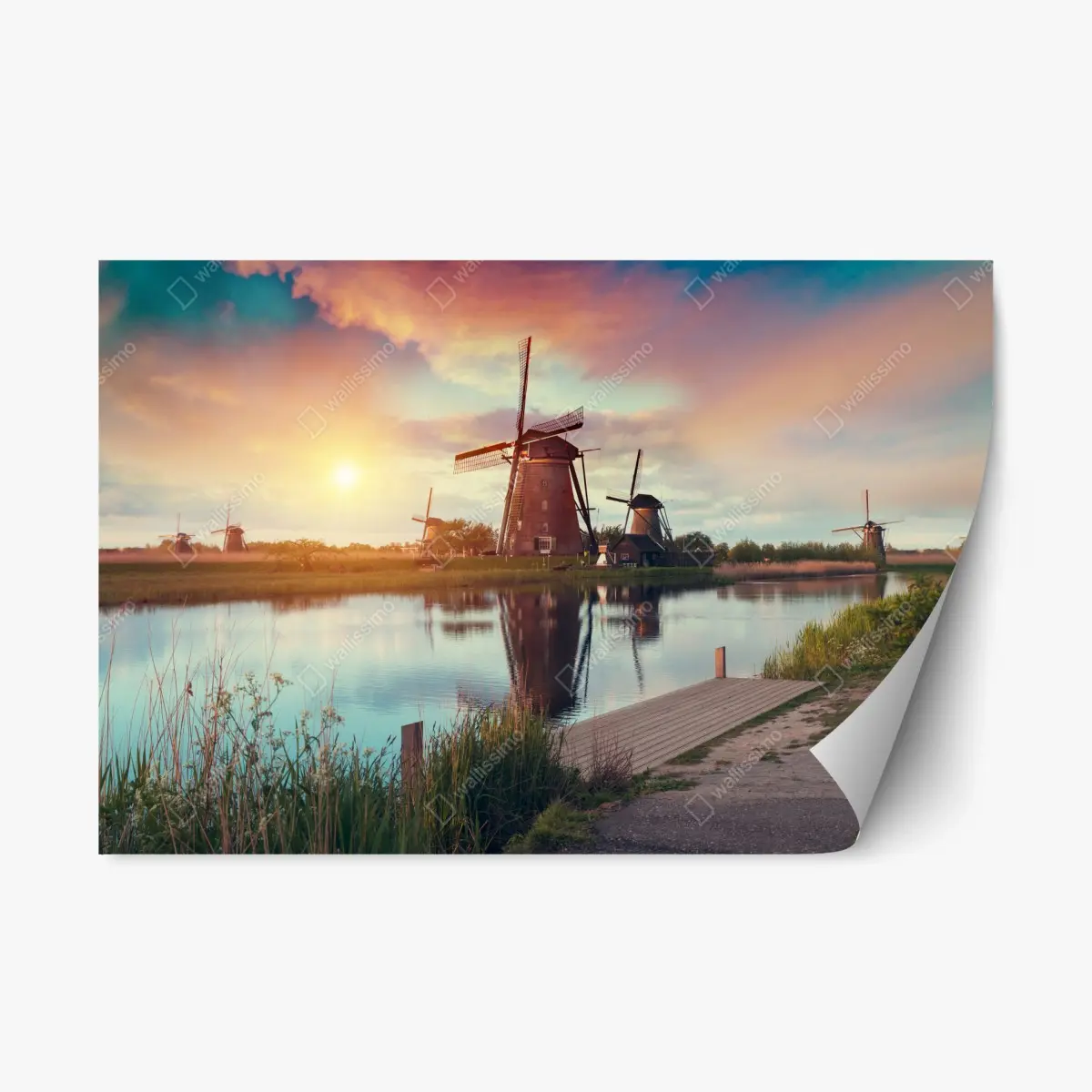 Repositionable sticker sunset over windmills in the Netherlands • Wallissimo® Repositionable sticker sunset over windmills in the Netherlands • Wallissimo®