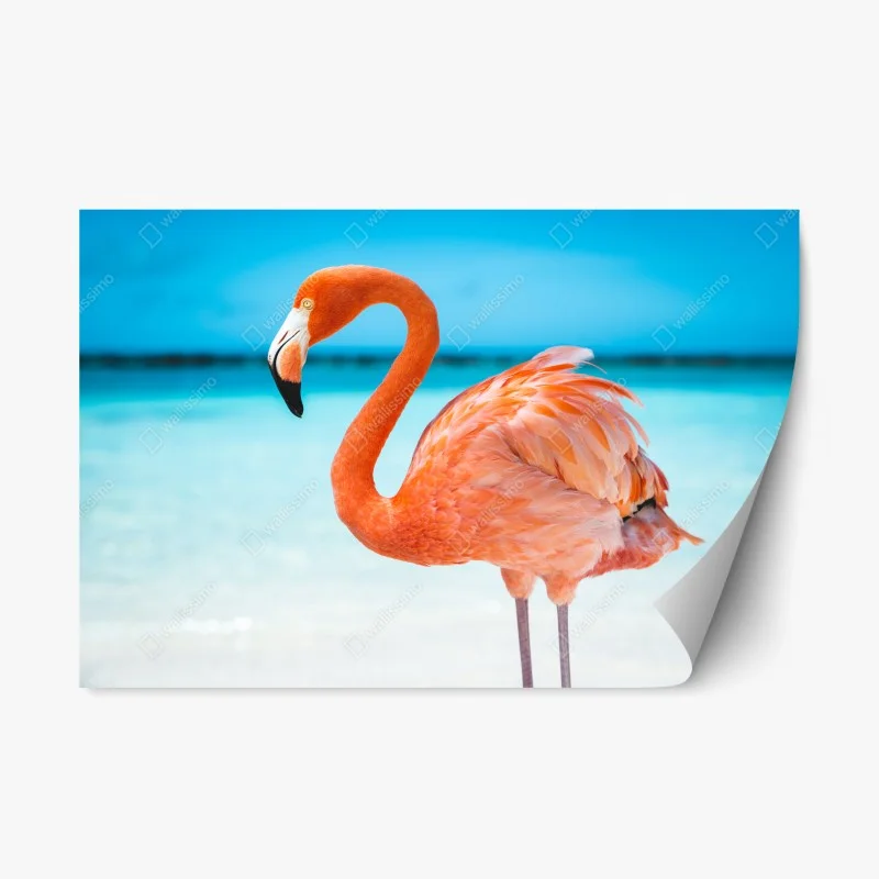Repositionable sticker vibrant pink flamingo on turquoise beach