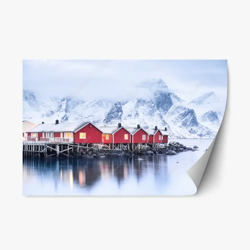 Repositionable sticker sunrise over Lofoten red cabins