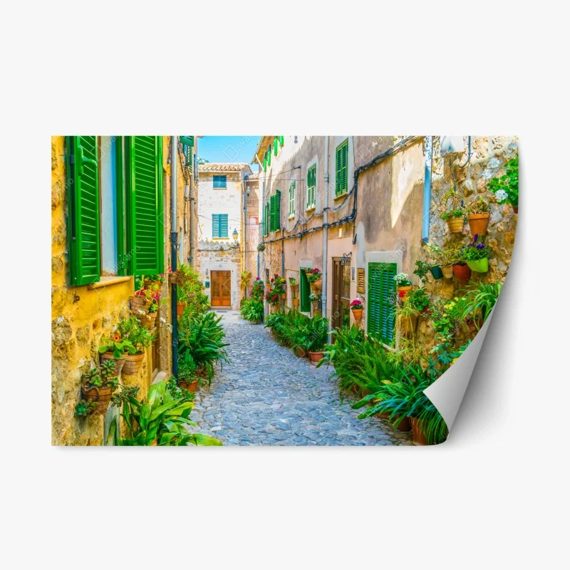 Repositionable sticker sunlit alley with green shutters