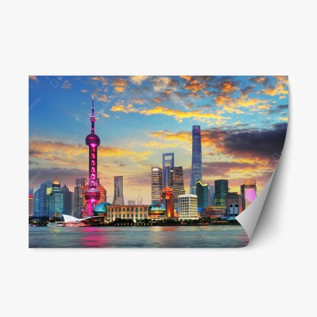 Repositionable sticker Shanghai skyline at sunset • Wallissimo®