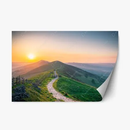 Repositionable sticker sunrise ridge path over rolling hills • Wallissimo®