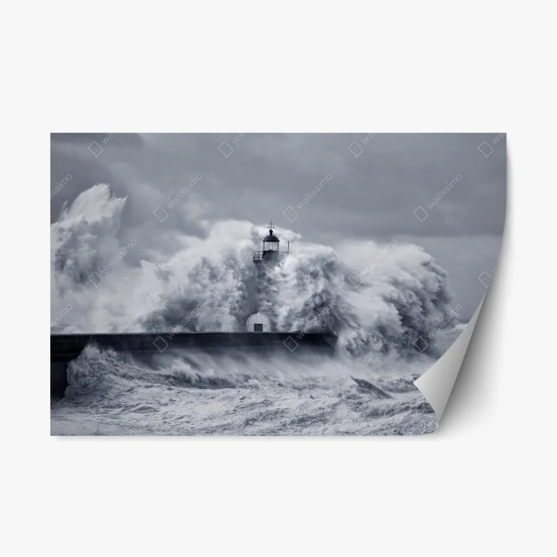 Repositionable sticker lighthouse engulfed by stormy waves