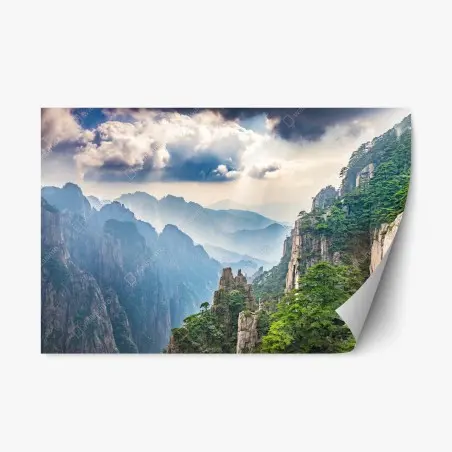 Repositionable sticker misty mountain cliffs with sunrays • Wallissimo®