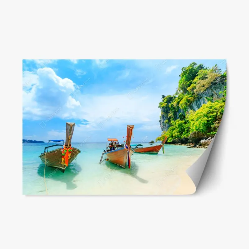 Repositionable sticker longtail boats on a turquoise Phuket beach