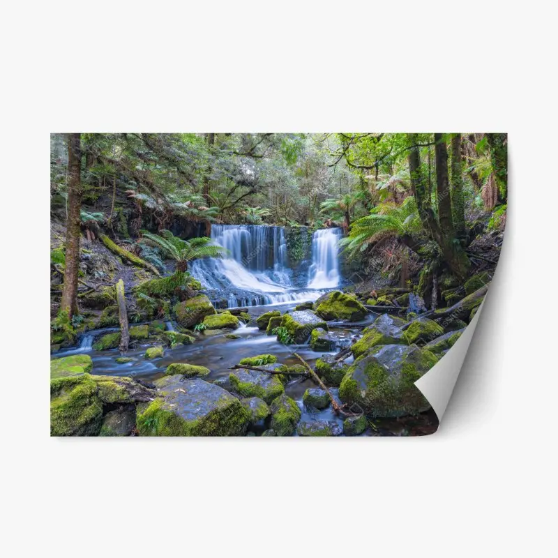 Repositionable sticker serene forest waterfall retreat