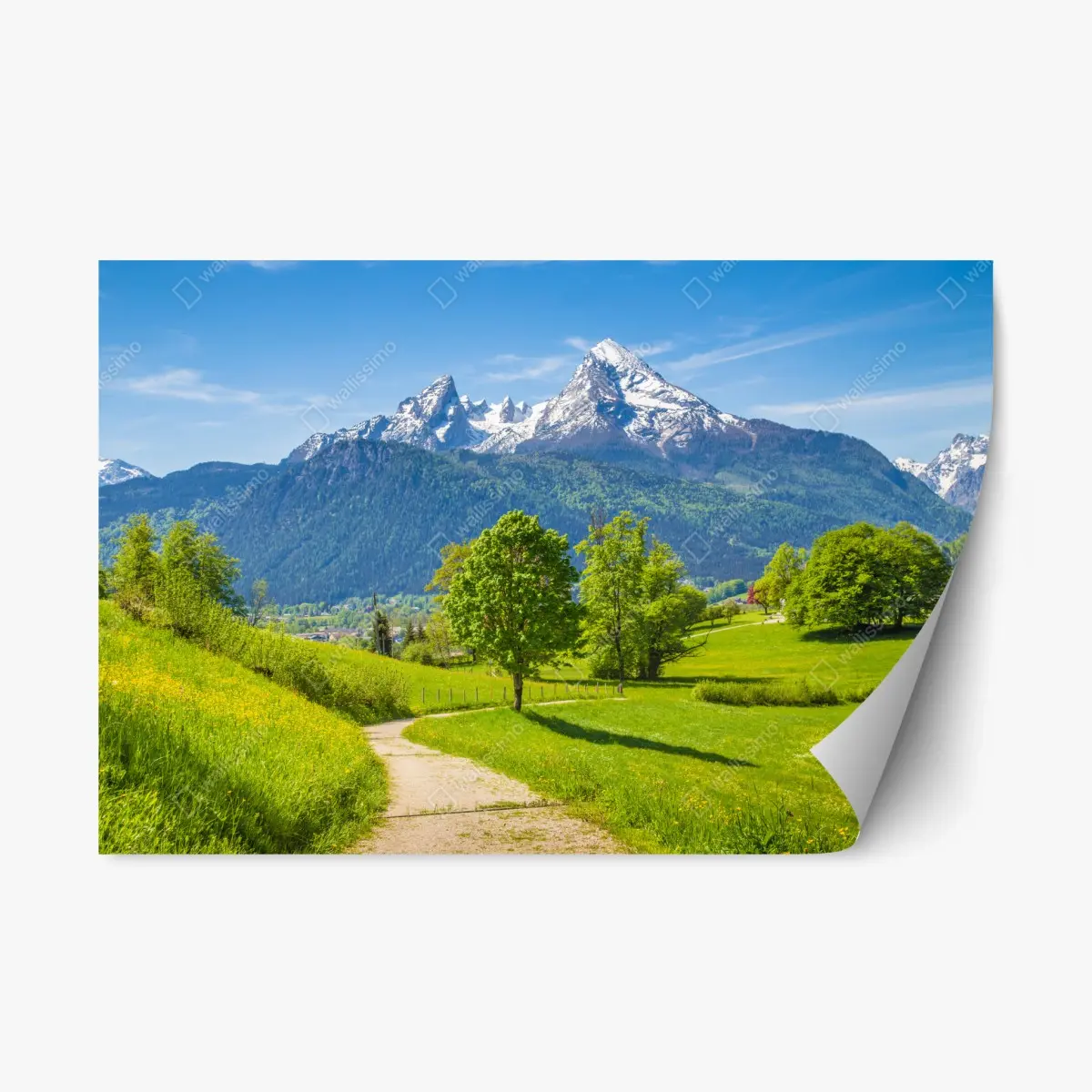 Repositionable sticker serene alpine meadow with mountain peaks • Wallissimo® Repositionable sticker serene alpine meadow with mountain peaks • Wallissimo®