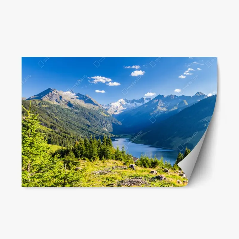 Repositionable sticker serene alpine lake valley