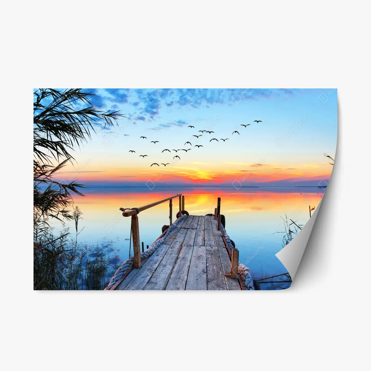 Repositionable sticker sunset pier over tranquil lake • Wallissimo® Repositionable sticker sunset pier over tranquil lake • Wallissimo®
