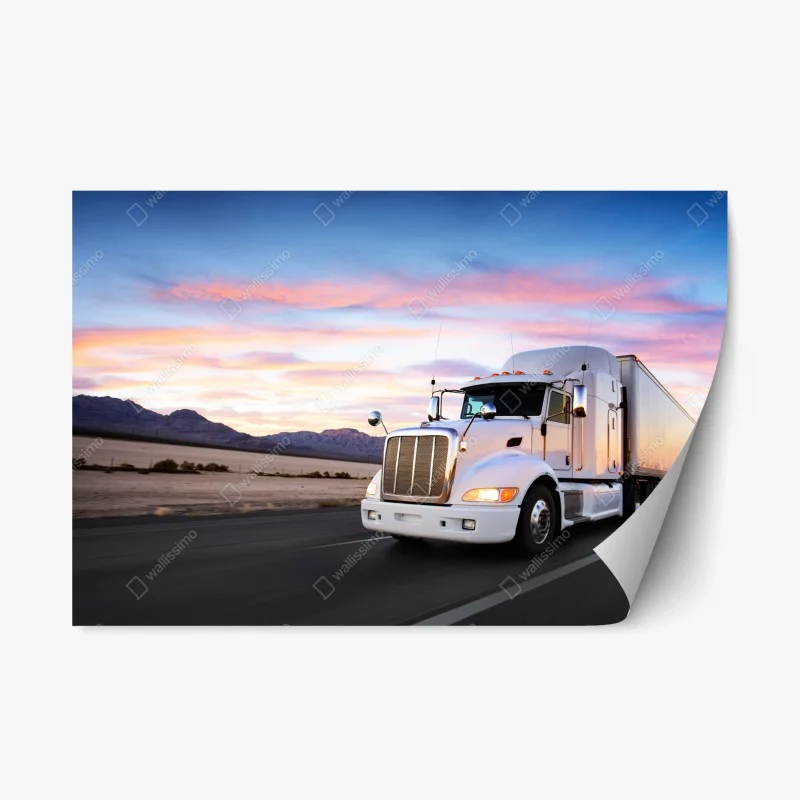 Repositionable sticker sunset highway truck in motion