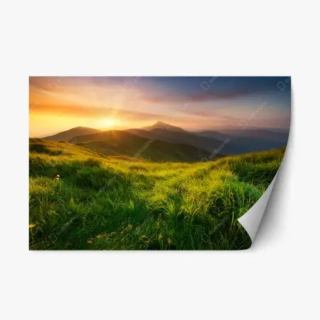Repositionable sticker sunrise over emerald mountain valley • Wallissimo®