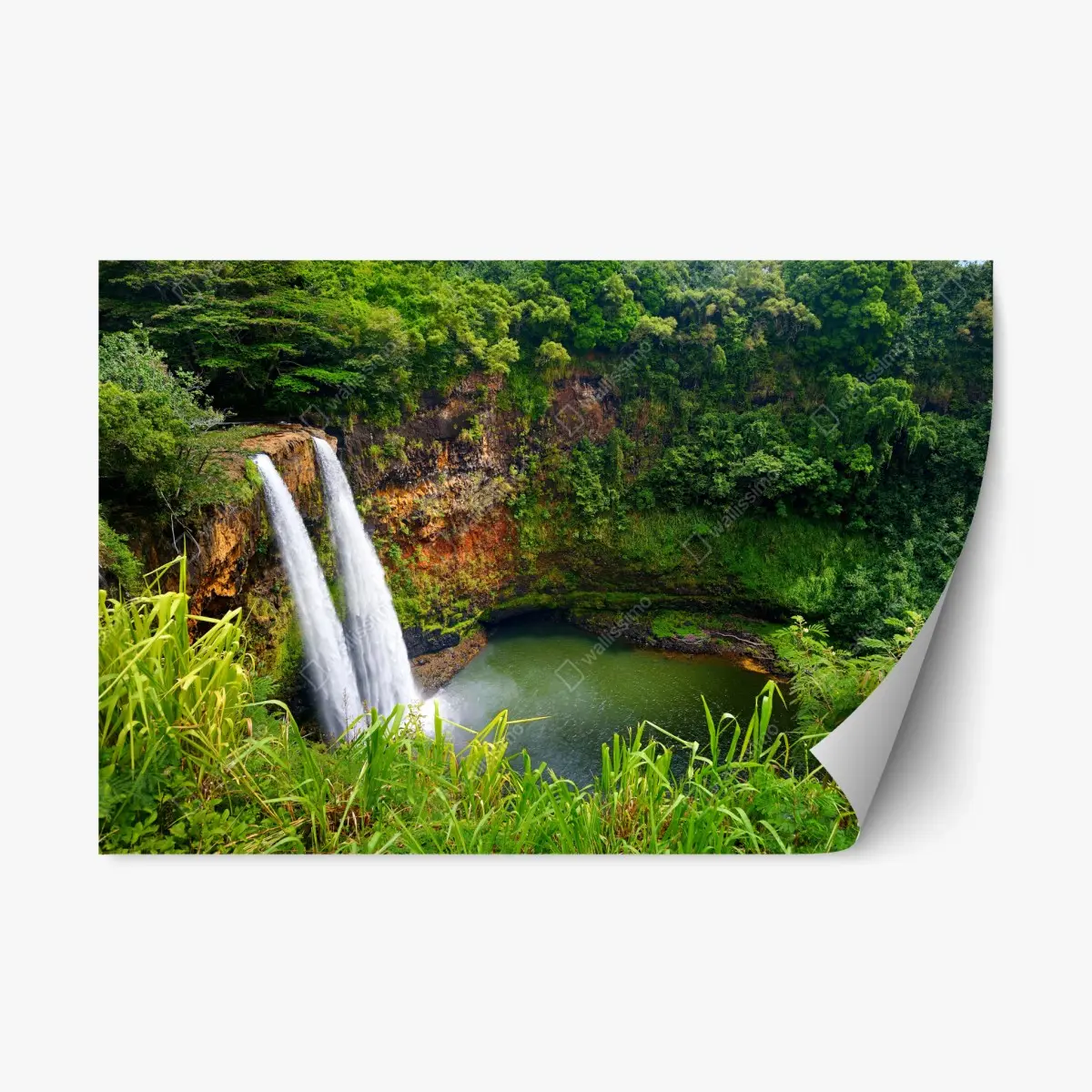 Repositionable sticker double waterfall in lush green forest • Wallissimo® Repositionable sticker double waterfall in lush green forest • Wallissimo®