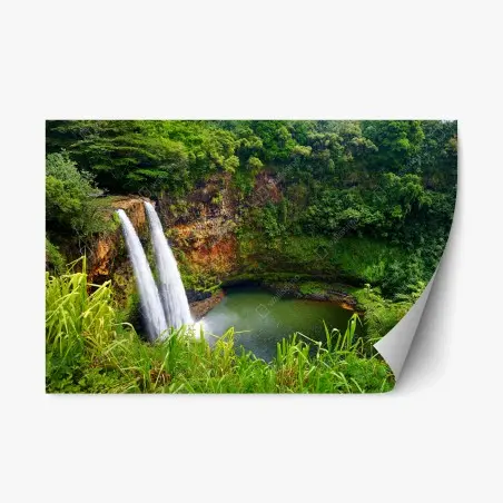 Repositionable sticker double waterfall in lush green forest • Wallissimo®