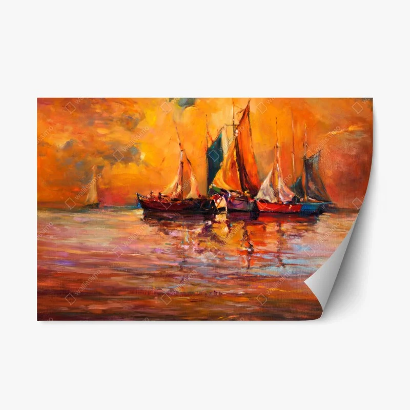 Repositionable sticker golden sunset sailboats