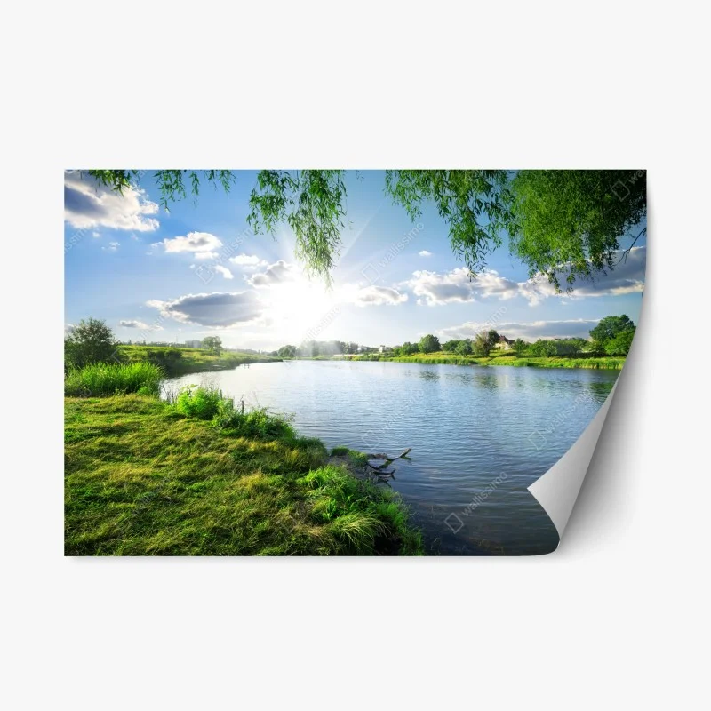 Repositionable sticker sunlit riverside landscape with lush greenery