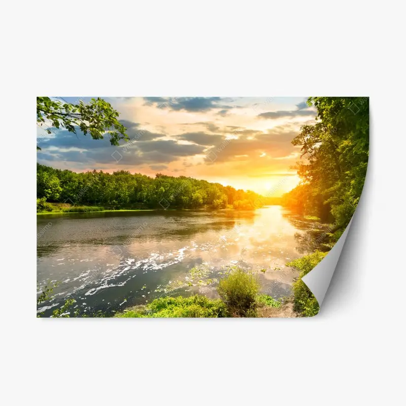 Repositionable sticker serene riverside sunset over lush forest