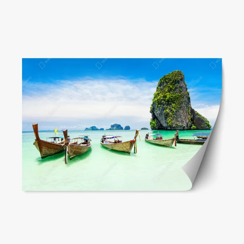 Repositionable sticker tropical longtail boats on turquoise beach