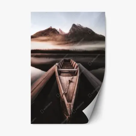 Repositionable sticker misty mountain boat at dawn • Wallissimo®