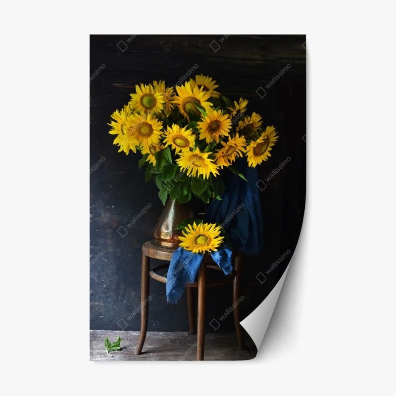Repositionable sticker vibrant sunflower bouquet on vintage stool