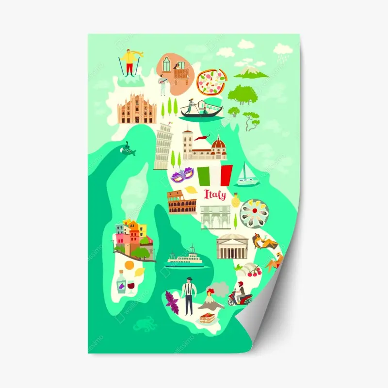 Repositionable sticker Italy travel map with iconic landmarks