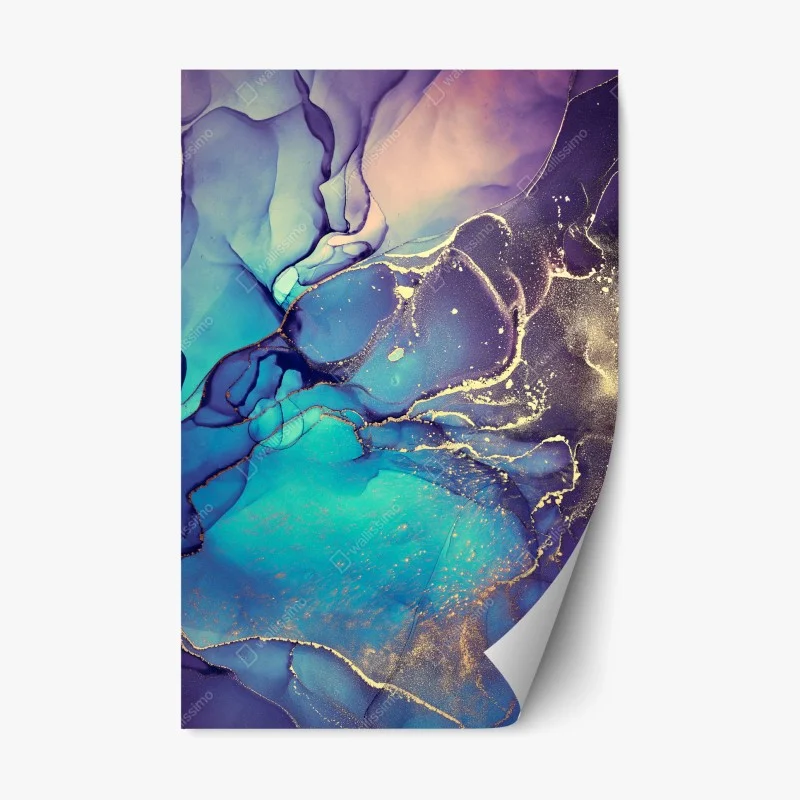 Repositionable sticker turquoise and gold fluid marble