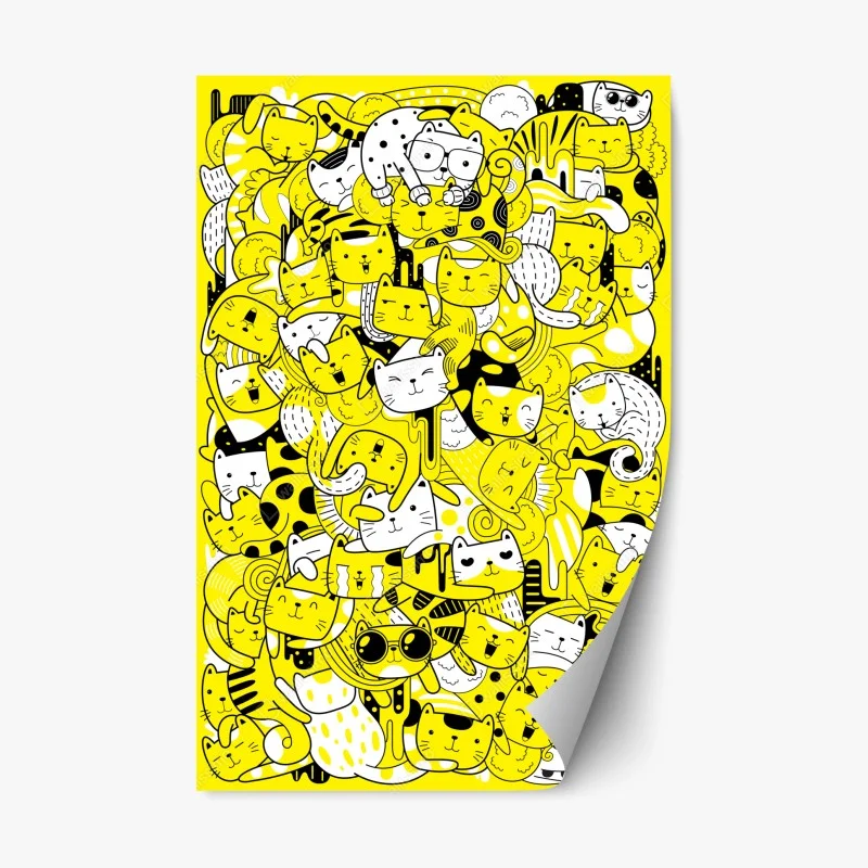 Repositionable sticker playful yellow cat collage