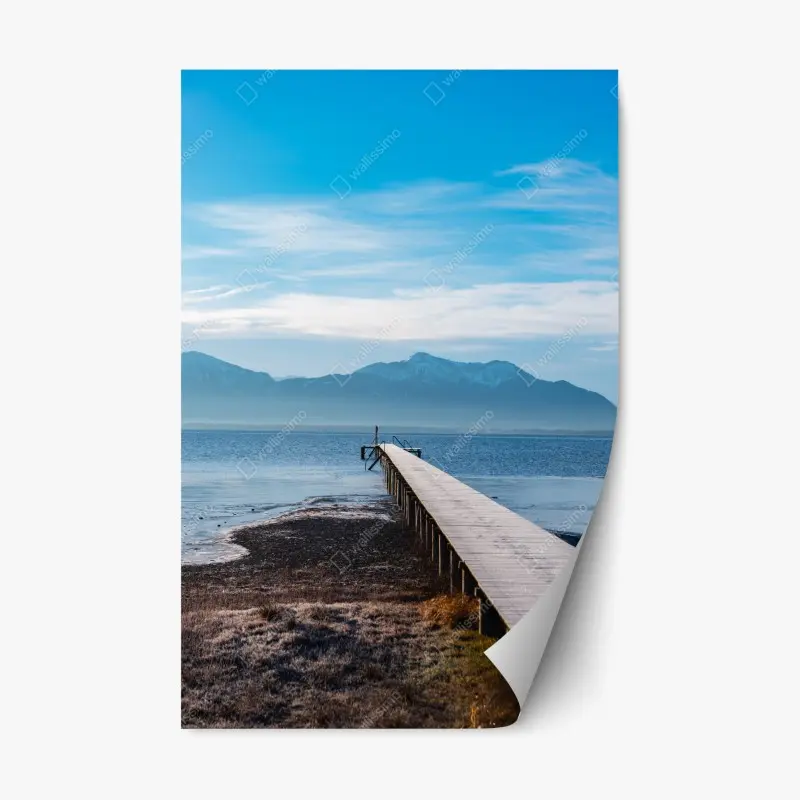Repositionable sticker misty mountain pier at dawn