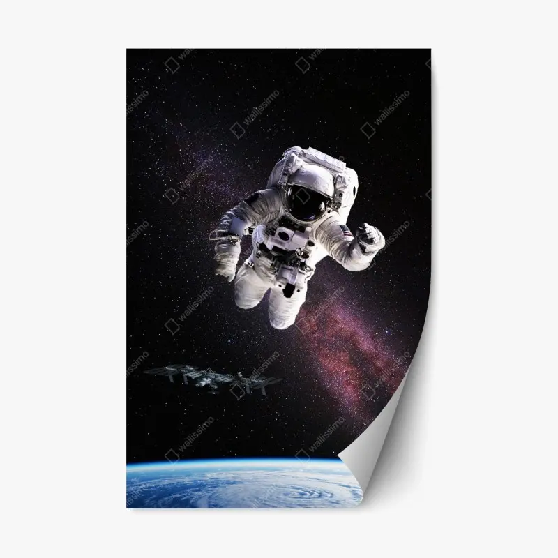 Repositionable sticker astronaut above Earth and galaxy