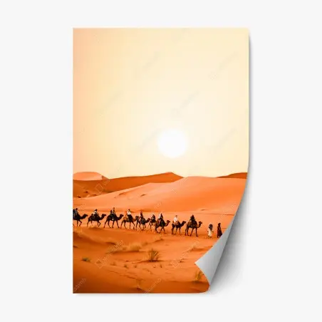 Repositionable sticker sunset camel caravan over desert dunes • Wallissimo®