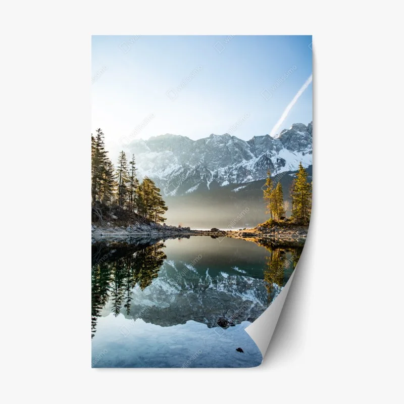 Repositionable sticker mountain lake reflection at sunrise