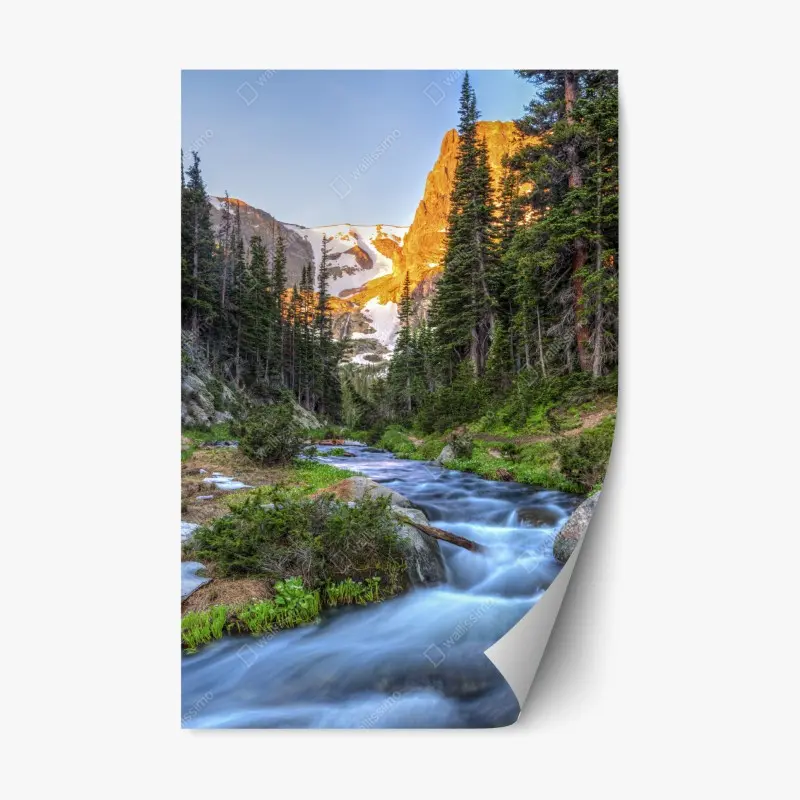 Repositionable sticker golden peak over alpine creek