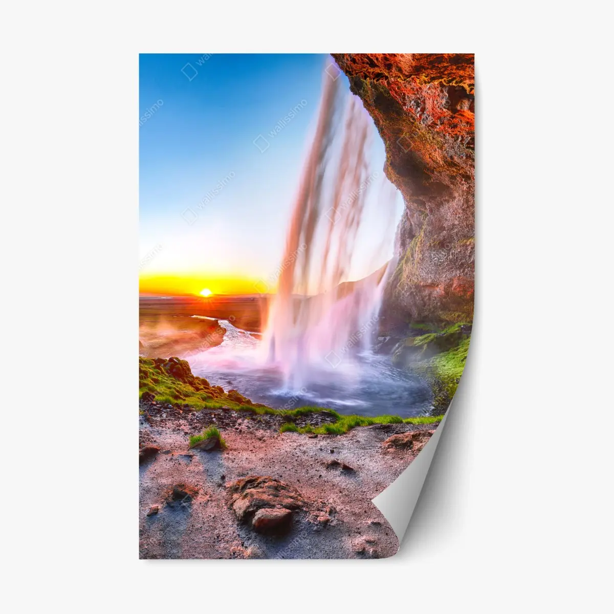 Repositionable sticker Seljalandsfoss waterfall at sunset • Wallissimo® Repositionable sticker Seljalandsfoss waterfall at sunset • Wallissimo®