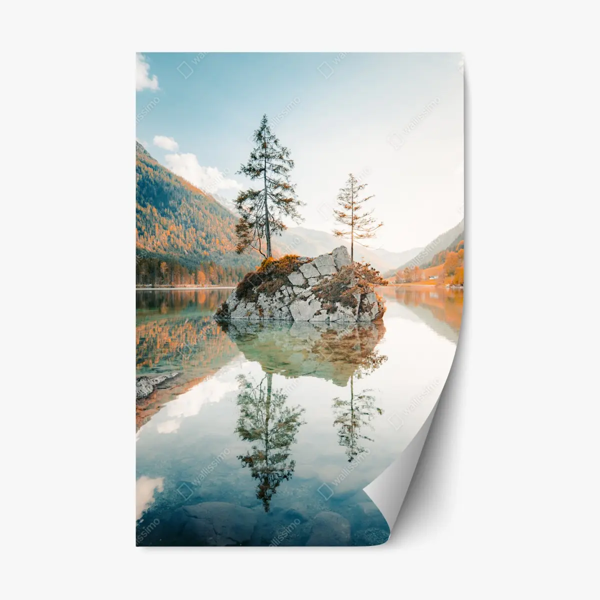 Repositionable sticker sunlit rock island at Lake Hintersee • Wallissimo® Repositionable sticker sunlit rock island at Lake Hintersee • Wallissimo®