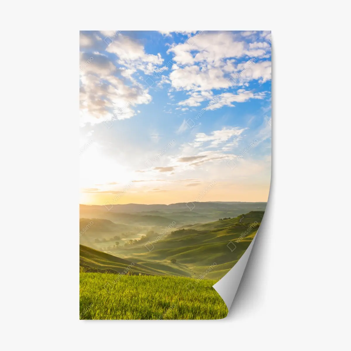Repositionable sticker sunrise over misty rolling hills • Wallissimo® Repositionable sticker sunrise over misty rolling hills • Wallissimo®