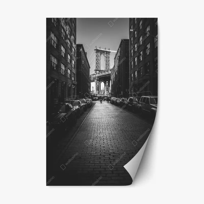 Repositionable sticker Manhattan bridge framed by cobblestone street