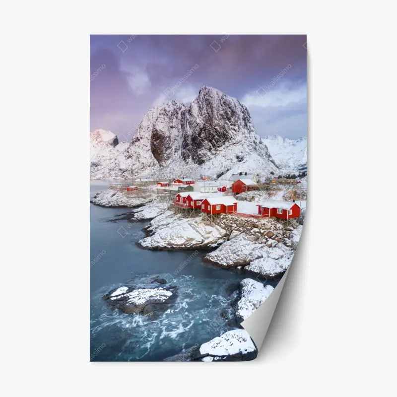 Repositionable sticker red coastal cabins beneath snowy mountain