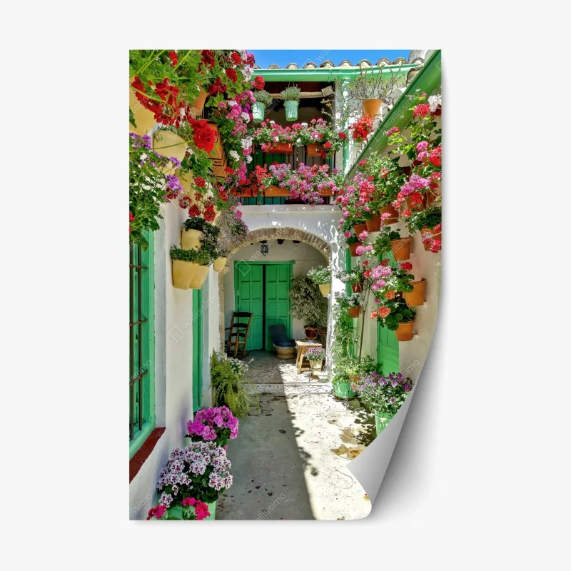 Repositionable sticker sunny flower-filled courtyard with green doors