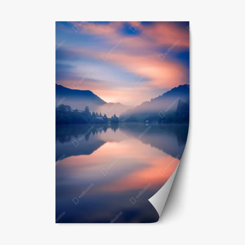 Repositionable sticker misty mountain lake at dawn