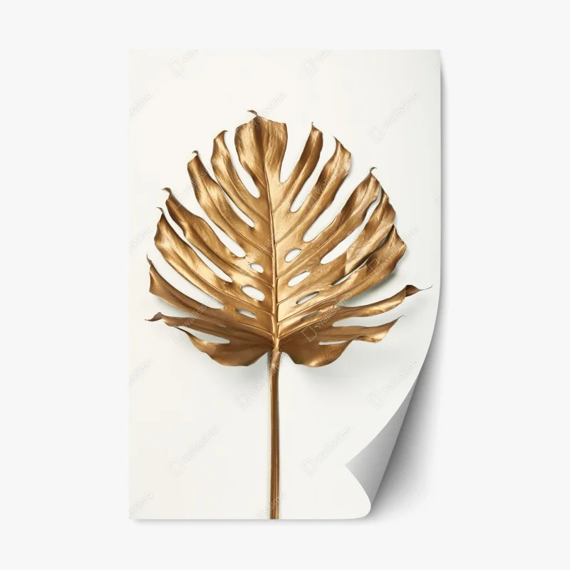Repositionable sticker gold monstera leaf on white background