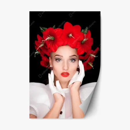 Repositionable sticker elegant portrait with red floral crown • Wallissimo®
