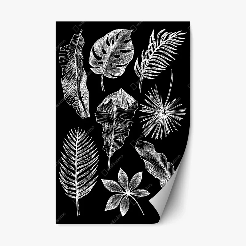 Repositionable sticker monochrome botanical leaf composition ⁕ Wallissimo®