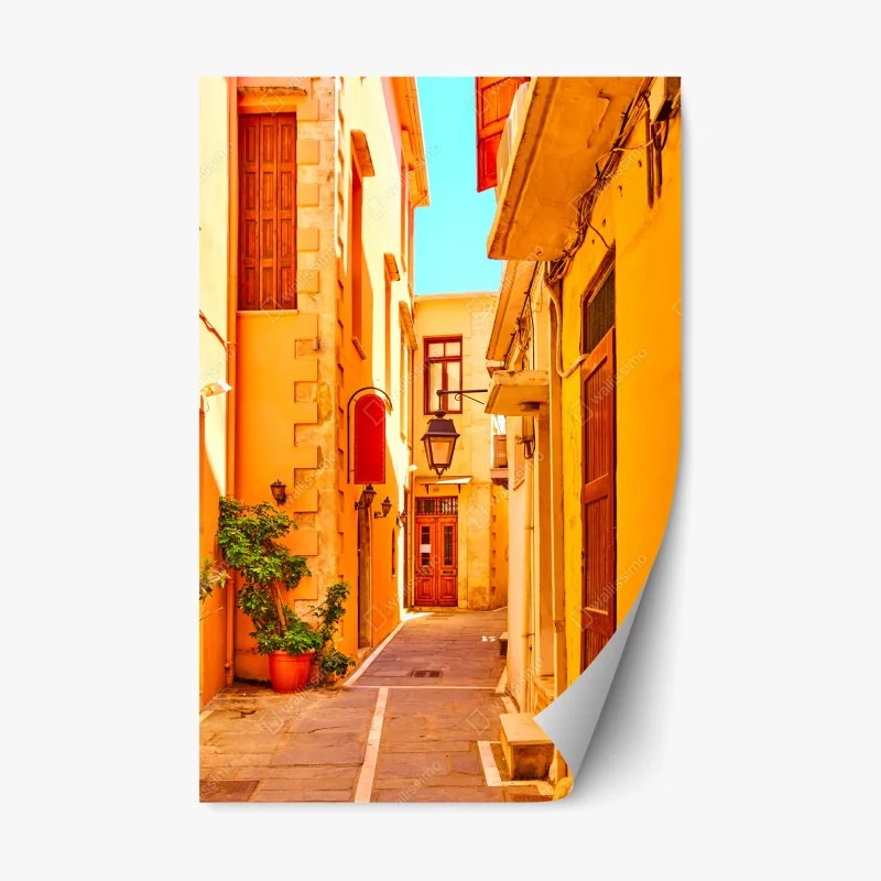 Repositionable sticker sunlit yellow street in Rethymno, Crete