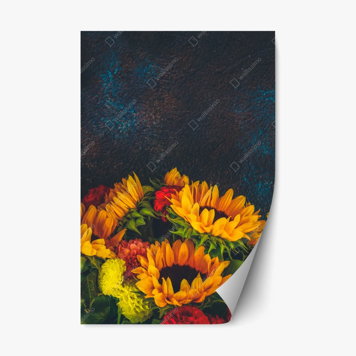 Repositionable sticker vibrant sunflower bouquet on dark background • Wallissimo® Repositionable sticker vibrant sunflower bouquet on dark background • Wallissimo®