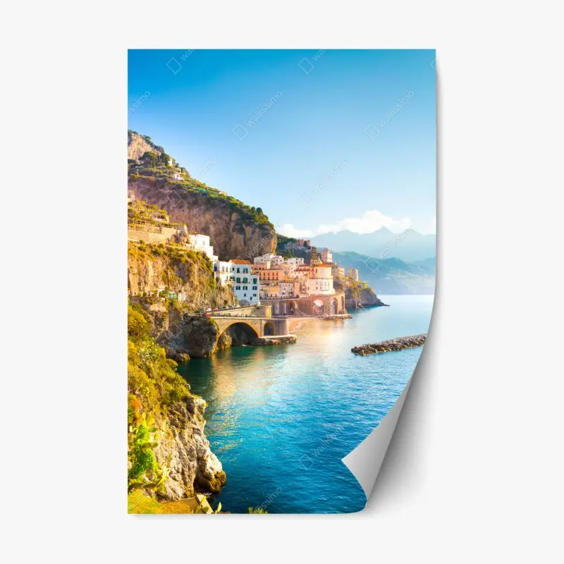 Repositionable sticker sunlit coastal cliffside village