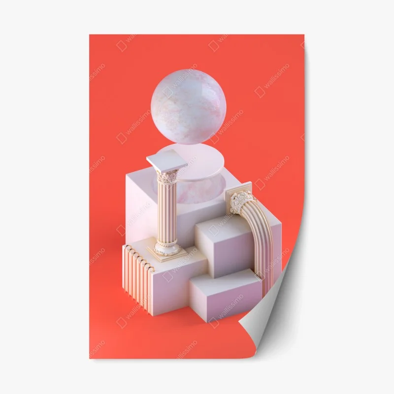 Repositionable sticker marble sphere and classical columns on orange